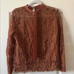 Women's Rust Lace Tie-Neck Blouse